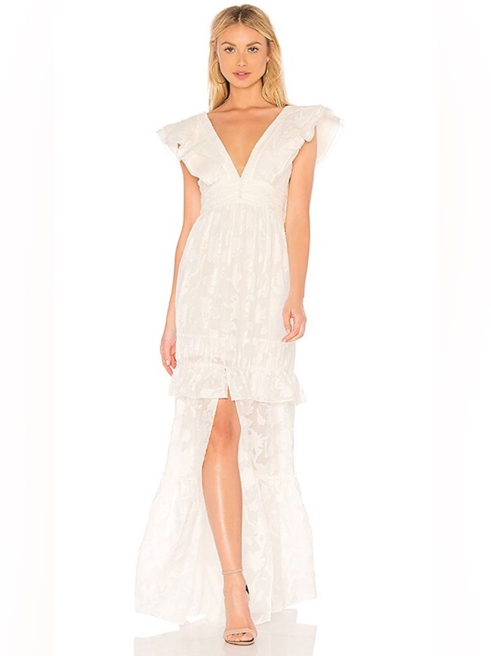 Rachel Zoe Violet in Ecru Floral Ruffled Fil Coupé Cotton & Silk Blend Gown- 4 - Picture 3 of 13